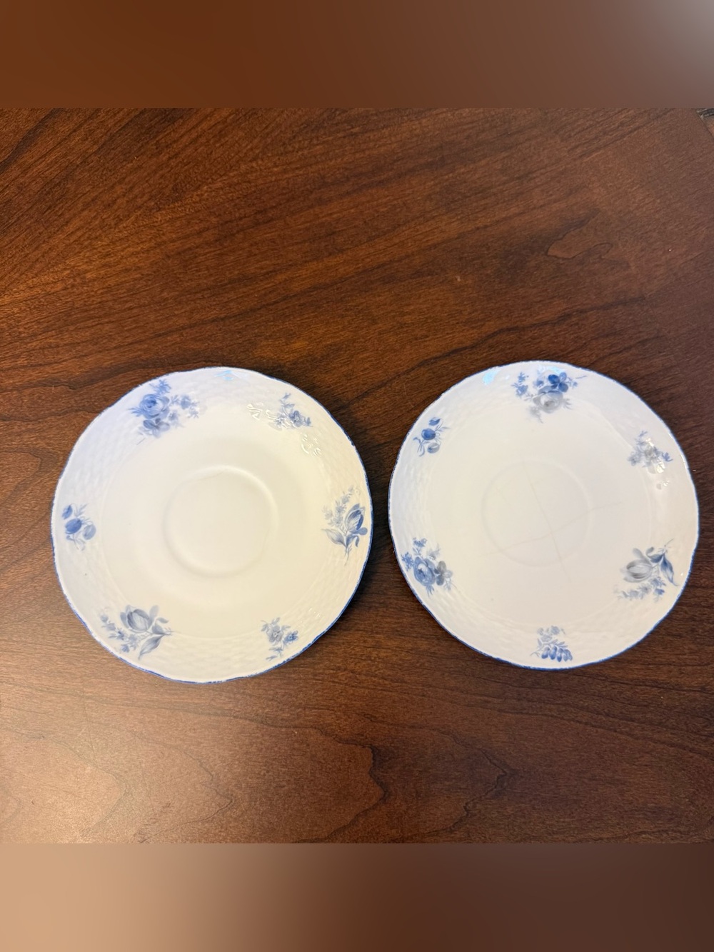2 Antique Carl Teichert Meissen Blue Flowers Porcelain Saucers w/Hairline Cracks